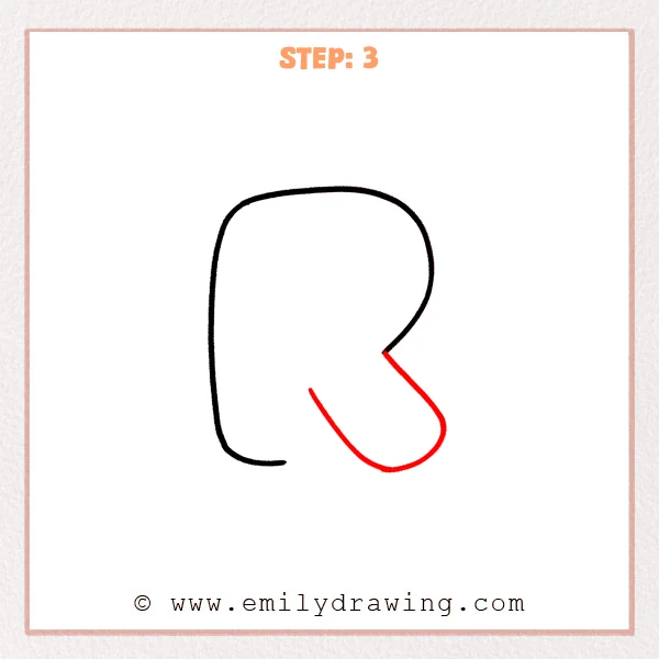 how to draw a bubble letter r - Step 3 of an easy step-by-step drawing tutorial for a bubble letter r, adding the lower slanted leg with a rounded U-shaped foot and a short inner leg line.